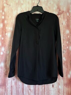 J. Crew Factory Black 1/4 Button V Neck Collarless Long Sleeve Blouse Size XXS